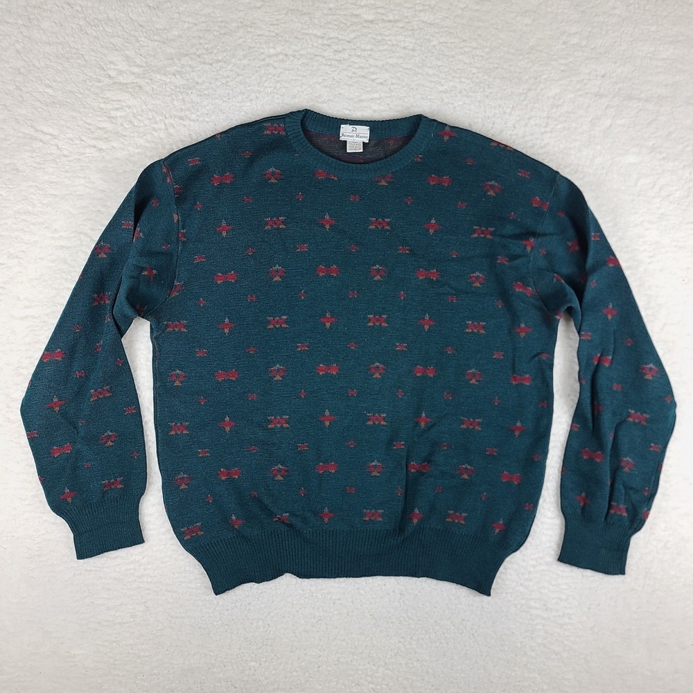 Neiman Marcus Sweater Mens Large Dark Green Geometric Crewneck Sweatshirt VTG
